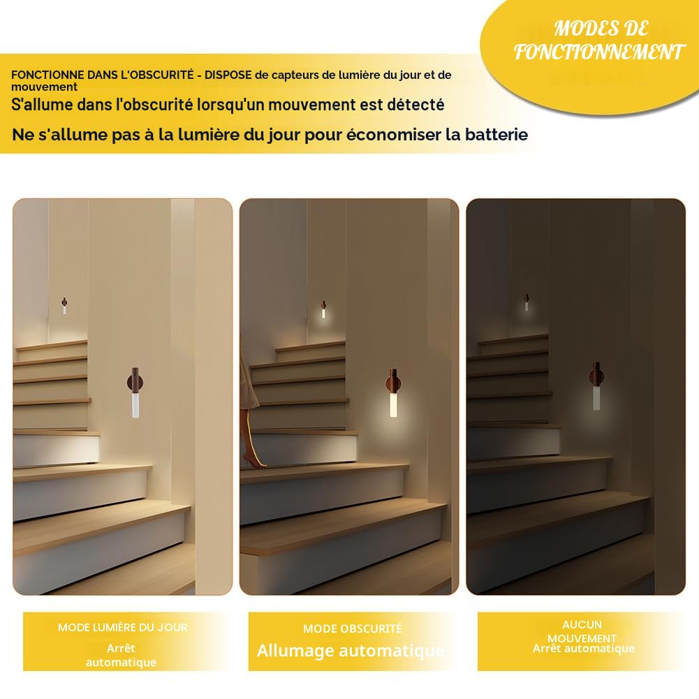 LANDGOO Veilleuse à détecteur de mouvement magnétique pour couloir, éclairage LED rechargeable, applique murale en bois alimentée par piles (bois de noyer) | Lampe murale LED rechargeable sans fil à piles