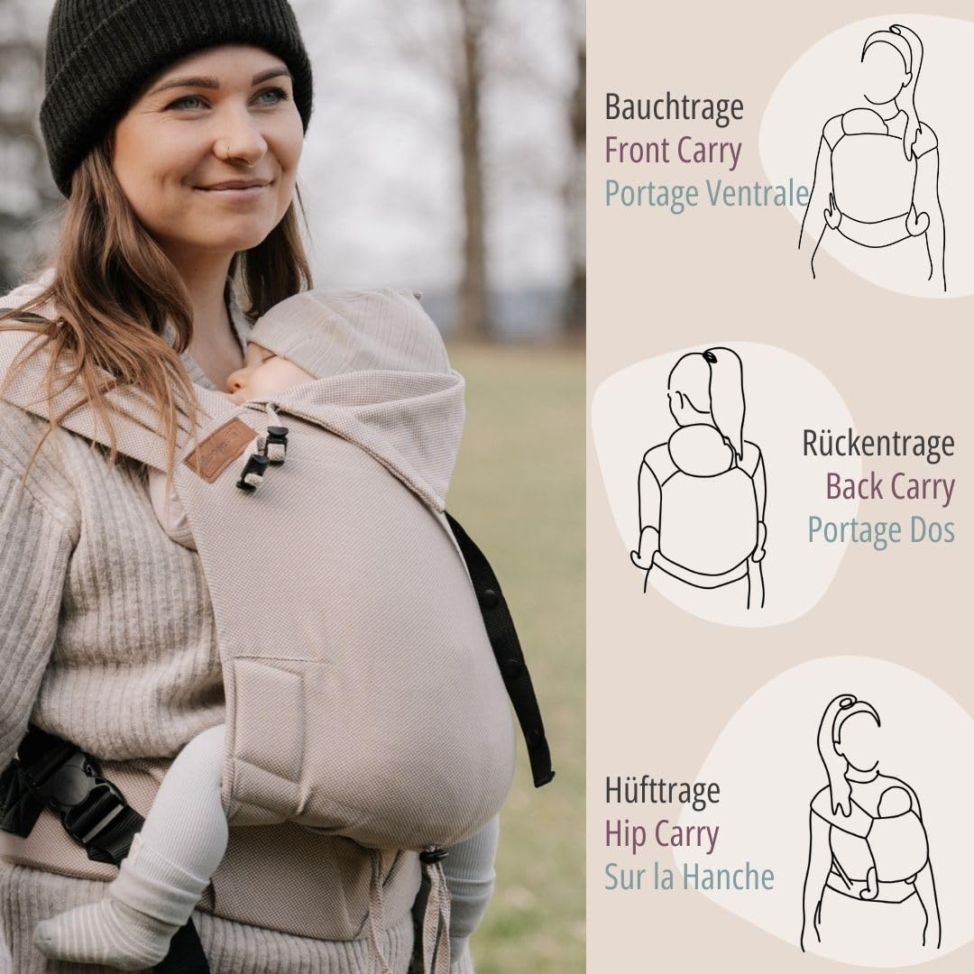 Hoppediz Primeo Babytrage für Neugeborene – Ergonomische Babytrage aus 100% kbA Baumwolle – Bauchtrage, Hüfttrage & Rückentrage