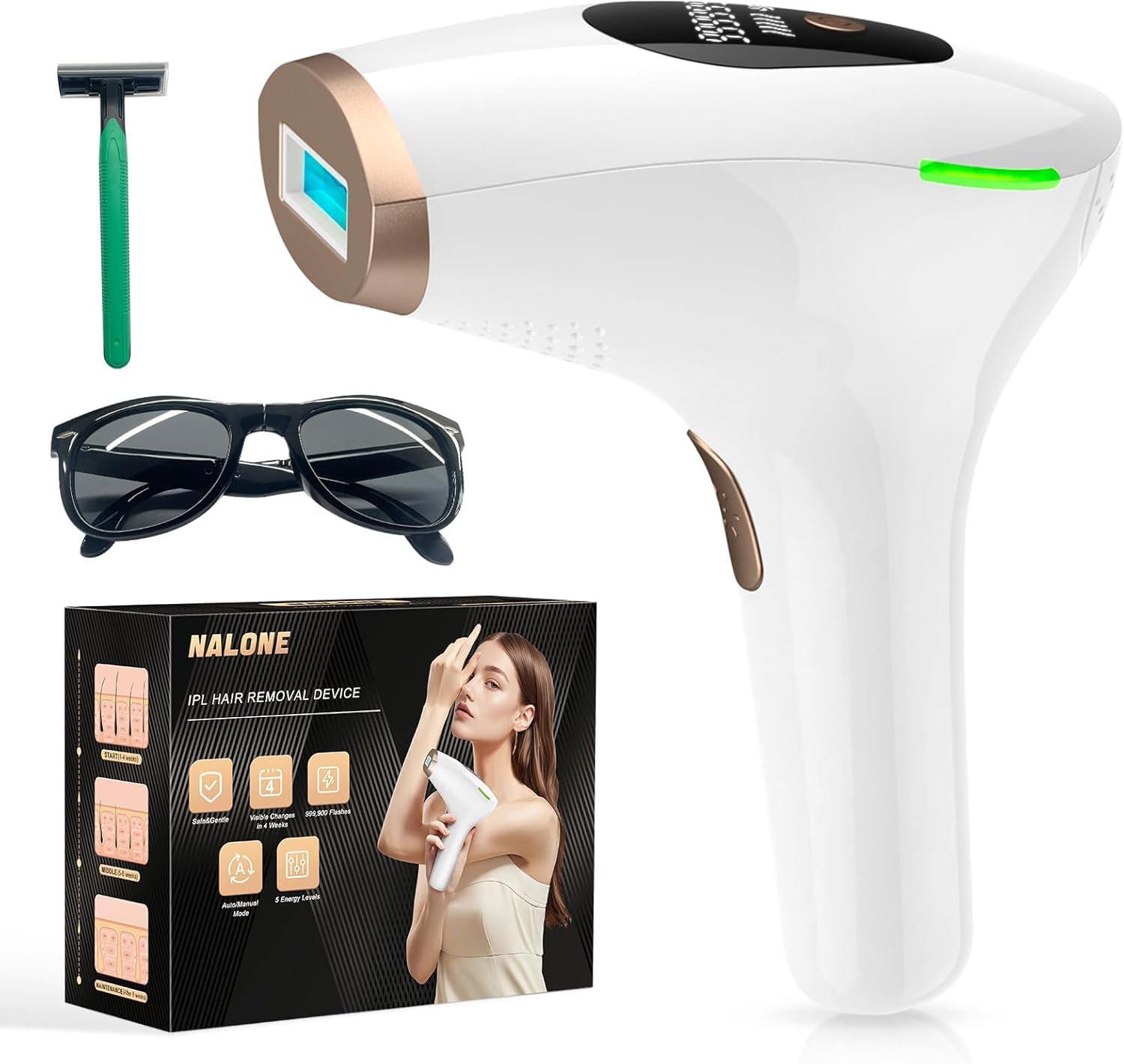 NALONE Depiladora Laser IPL 600-1200NM Depiladora Luz Pulsada con 5 Niveles de Energía, Pantalla Táctil LCD para Mujer y Hombre, Bikini, Axilas, Cara, Cuerpo Blanco - 1