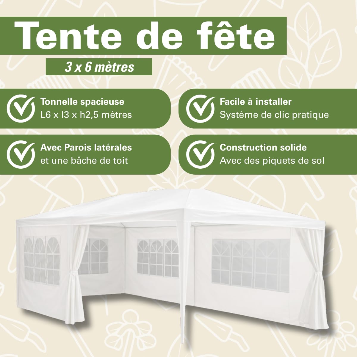 Kinzo Tonelle de Jardin 3x6 m - Tente pour 70 Personnes - Pavillon avec 6 Parois Latéraleset et Hauteur au Faîte de 2,5 m - Étanche et Résistante aux UV - Blanc