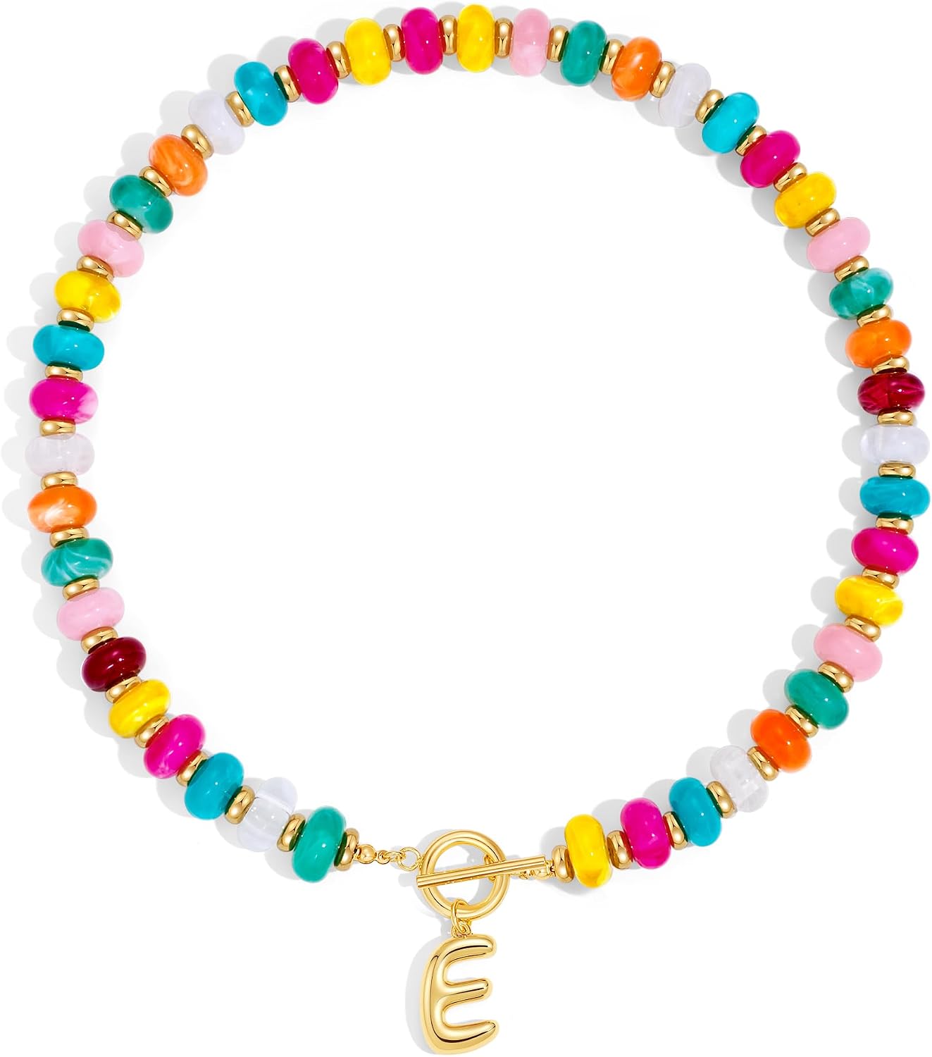 NIKOLUX Colorful Initial Necklaces for Women Chunky Resin Beaded Toggle Necklace 14K Gold Plated A-Z Bubble Letter Pendant Necklace Trendy Summer Beach Handmade Jewelry Gift
