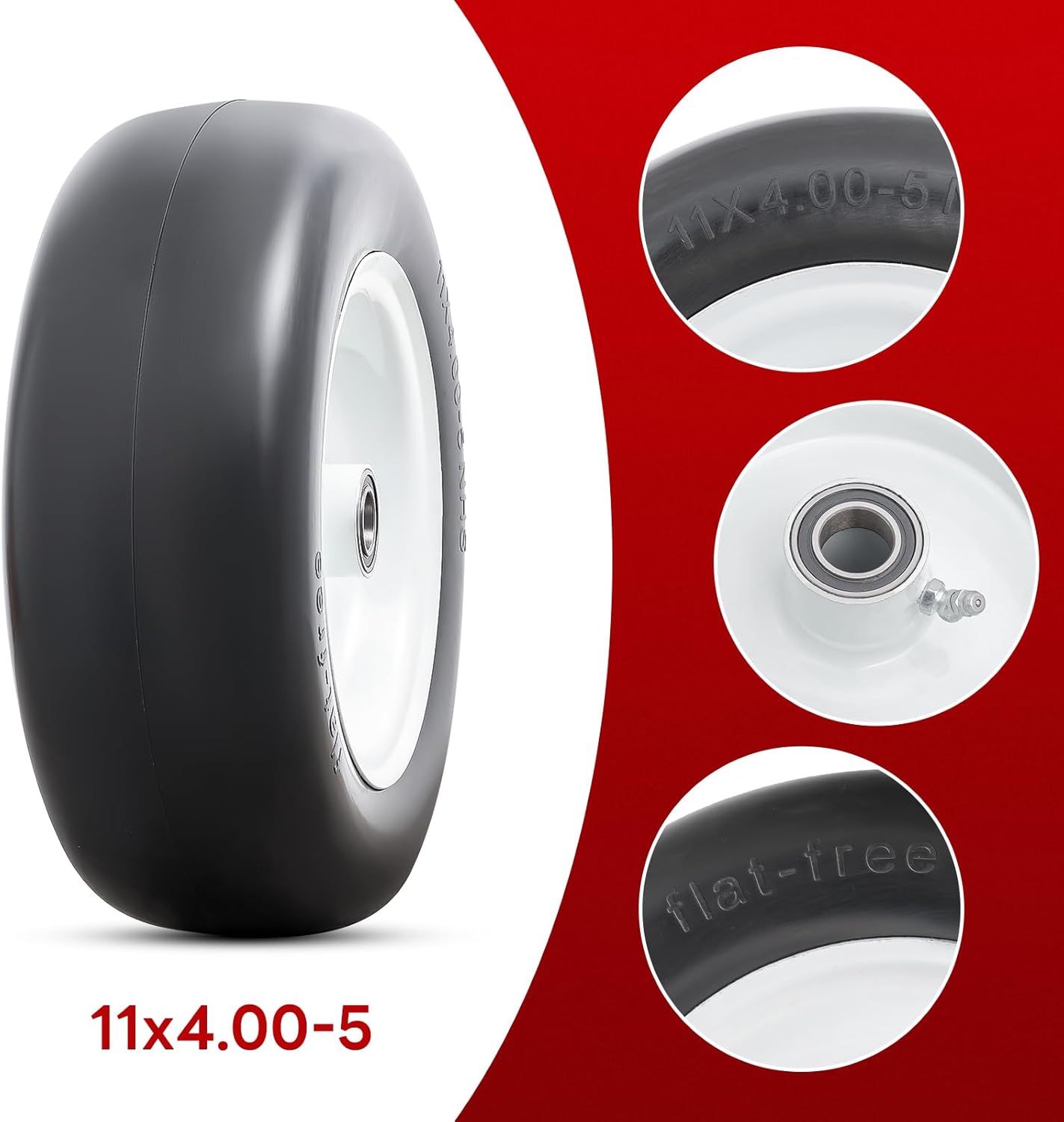 11” Solid Tires, Flat Free Tires11x4.00-5” Wheels with 3/4” Axle Bore Hole and Double Sealed Bearings Compatible with Hand Truck Wheelbarrow Tire Lawn Mower Tires (White, 2PCS) P-098