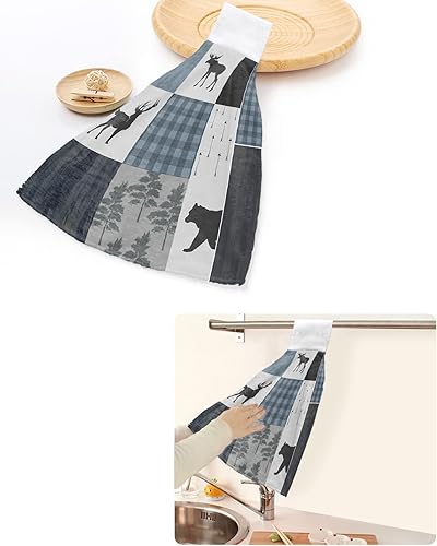Miniatura 6 de Juego de 2 toallas de mano retro Countryside Bear Moose Woods con lazo para colgar, juego de 2 toallas absorbentes de cocina para baño, barra de té,