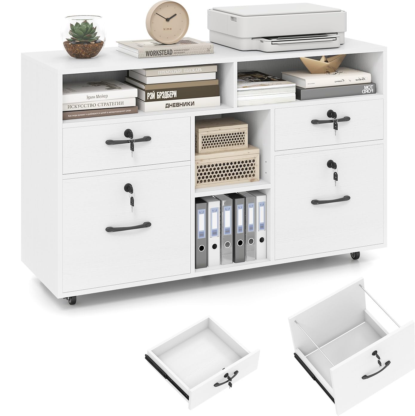 KOMFOTTEU Armadietto Portadocumenti con Ruote, Schedario da Ufficio con Serratura, Cassettiera Scrivania con Ripiano Regolabile per Cartelle A4/Lettera Stampante da Studio, 104 x 35 x 65,5 cm (Bianco)