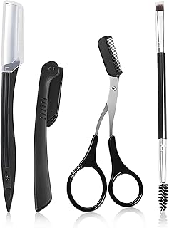 Eyebrow Kit Grooming Scissors Razor Kit 4 In 1 Stainless Steel Set Kit for Women and Men, Including Brow Razors Trimmer, Brush, Eyebrow Scissors, Foldable Brow Razors