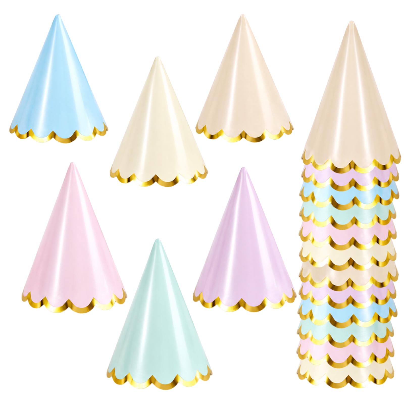 Zcbzbn 18 PCS Pastel Party Hats, Colorful Cone Birthday Hats Gold-Stamped Kids Party Hat for Baby Showers, Bridal and Wedding Partys Decorations