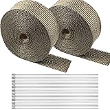 Hitzeschutzband, Arespark 2 Bände15m (Insgesamt 30m) Auspuff Hitzeschutzband aus Basaltfaser, Golden Auspuffband mit 24 Edelstahl Kabelbinder, für Auspuffkrümmer von Motorrädern und Autos Sowie