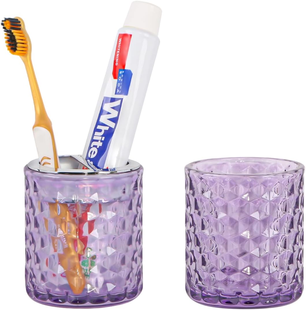2pcs Toothbrush Holders for Bathrooms,Glass Toothbrush Holder and Bathroom Tumbler Set,Toothbrush and Toothpaste Holder with Divider,Bathroom Toothbrush Cup Holder (Purple and Silver)