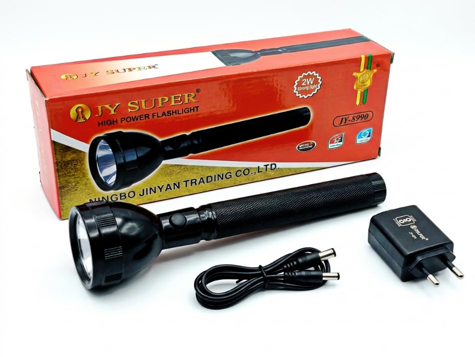 JY Super High Power Flashlight, 2W Strong Light, Rechargeable, Black, Model JY-8990, with Charging Cable and Adapter-image-5