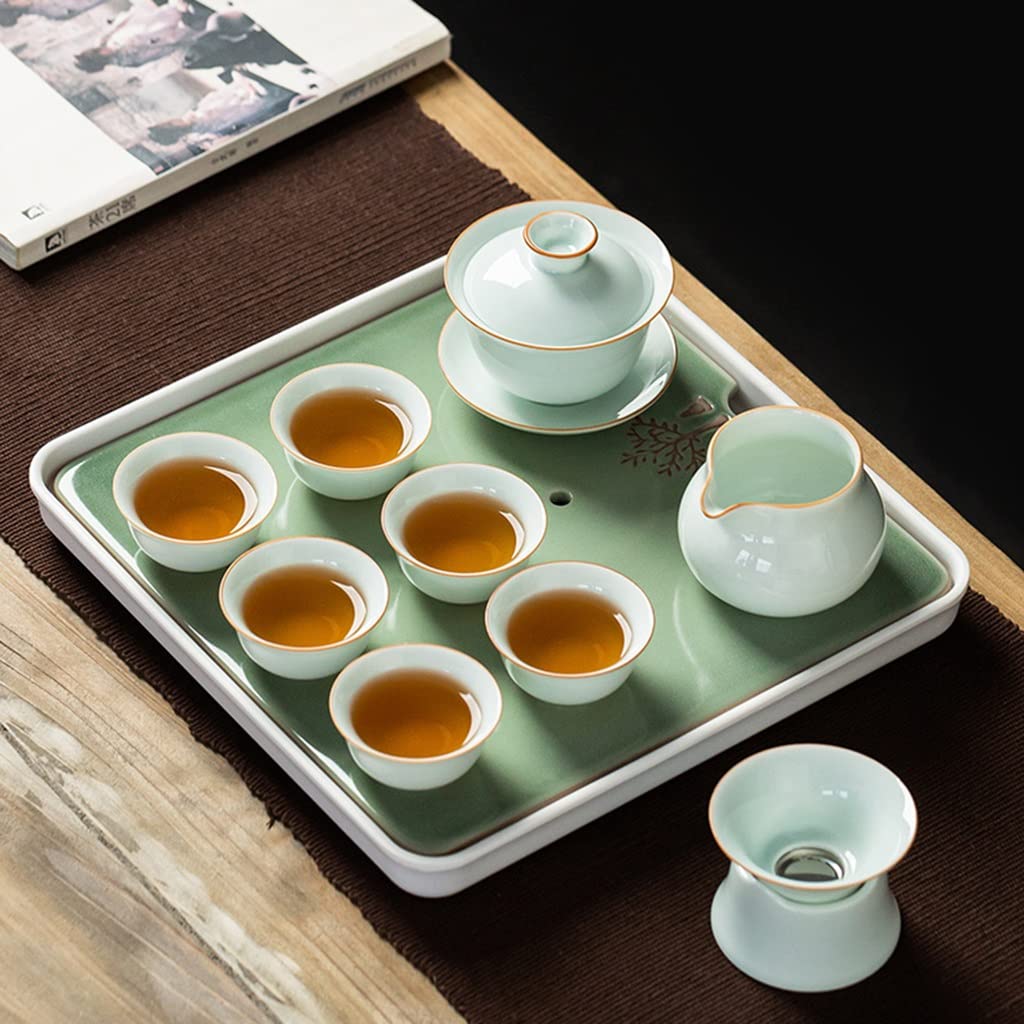 IKDSDKEM Ceramic Tea Tray, Tasteful Bamboo Chinese Gongfu Tea Table Mini Square Kongfu Tea Plate with Water Storage Function for Home Office Teahouse(28 * 28 * 4cm)