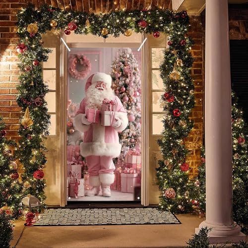 Image of BlissYard Christmas Door Banner Santa Wrapped Boxes 35x71 Inch Polyester