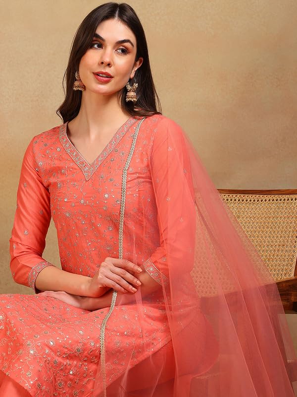 Image of Vaamsi Women's Silk Blend Floral Embroidered Straight Kurta Pant With Dupatta With Cotton Inner