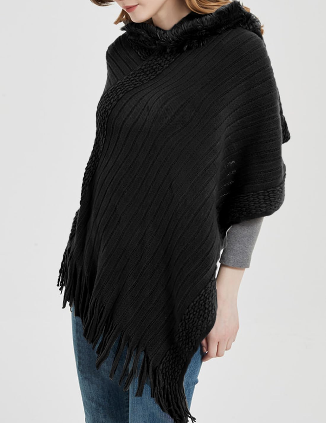 JFAN Poncho Mujer Invierno Otoño Poncho y Capa Punto para Mujer Pompón Gorro Poncho de Punto Flecos Felpa con Capucha