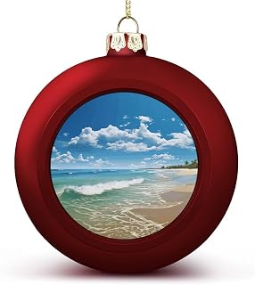 4PCS Shatterproof Christmas Ball Ornaments 3 Inch PC Plastic Xmas Tree Hanging Decor, Sandy Beach Ornaments with Festive Designs for Tree & Home Decor, Red-Style