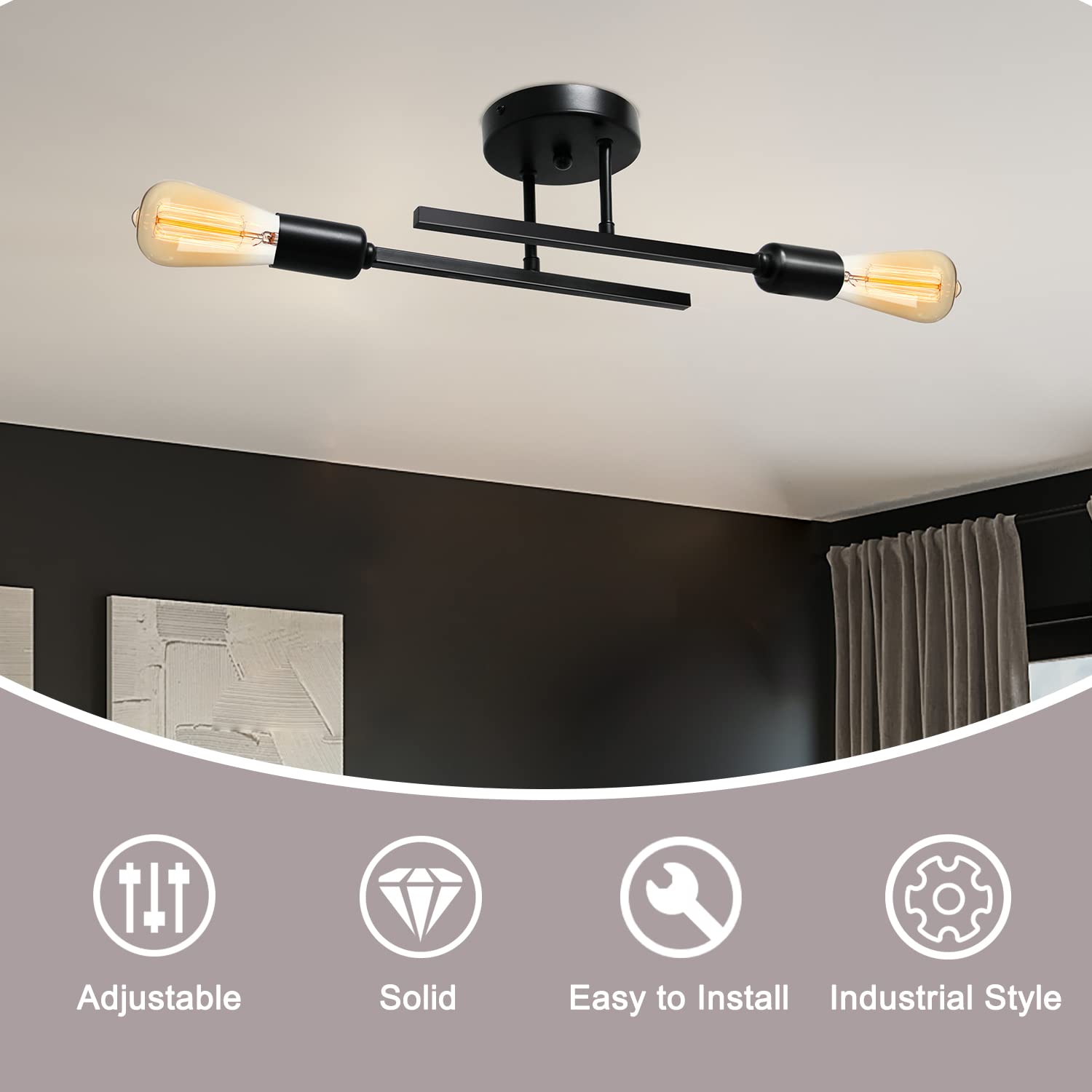 XHWHZZ - Lámpara de techo semiempotrada de 4 luces, lámpara de techo industrial, moderno Sputnik Chandelie de metal negro para sala de estar, sin bombilla 6
