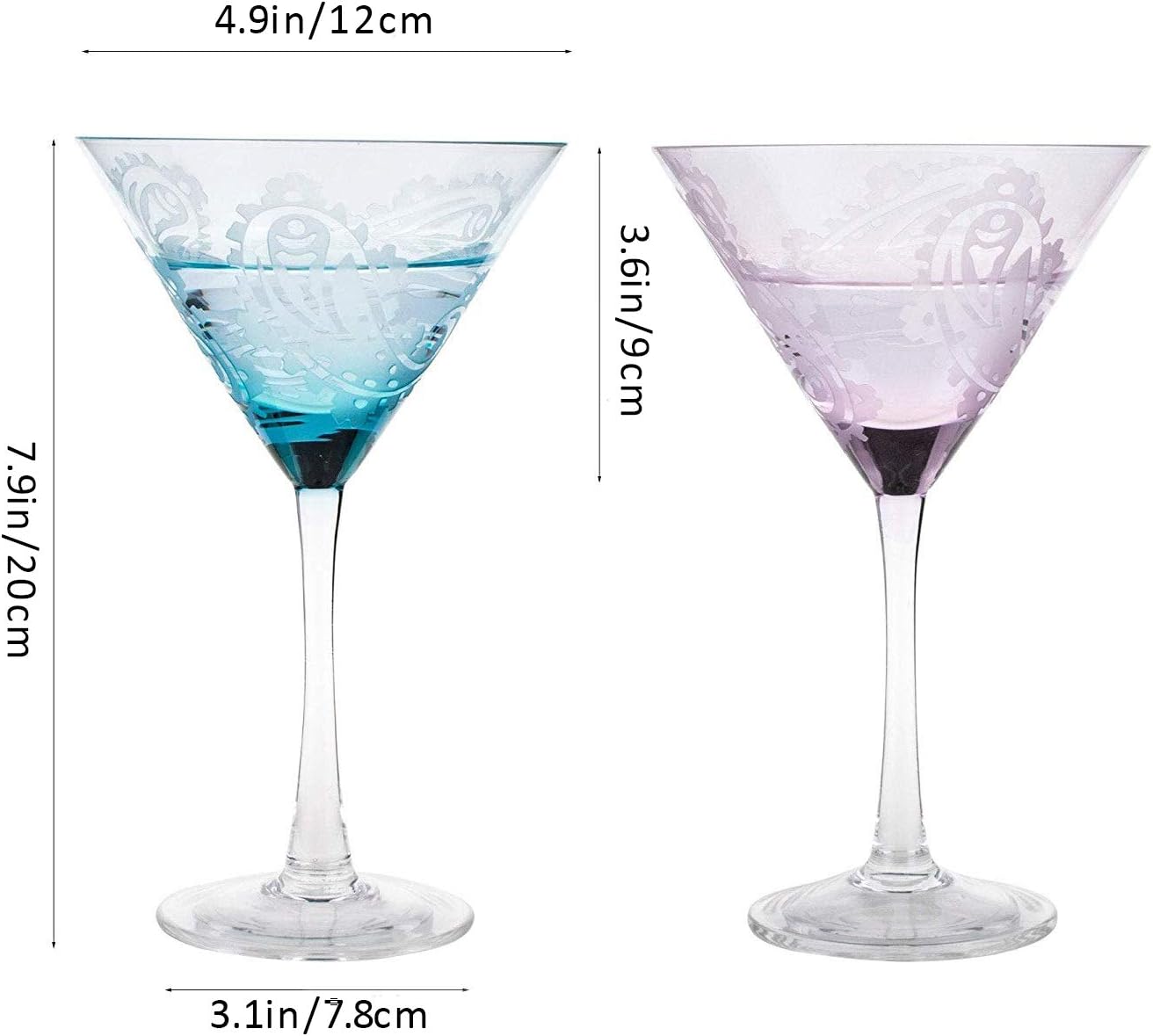 Set of 2 Etched Stemmed Cocktail Glass, Unique Wine Glass, Fantastic Gift for Party Favors (Mixed Color(Set of 2))