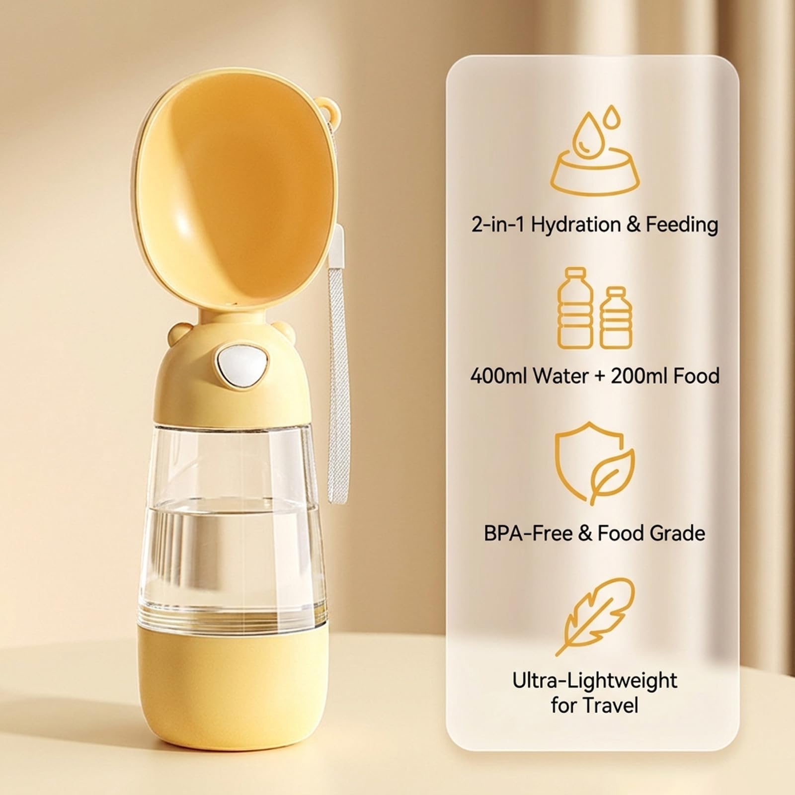 Borraccia per cani 2 in 1, 400 ml + 200 ml di cibo a prova di perdite, dispenser di acqua da viaggio per animali domestici con ciotola staccabile, senza BPA, bottiglia portatile per cani, per