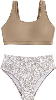 Conjunto de bikini para niñas, traje de baño para niños, parte superior de bikini con almohadilla en el pecho, traje de baño de cintura alta, traje de baño de 2 piezas para adolescentes, 8-14 años