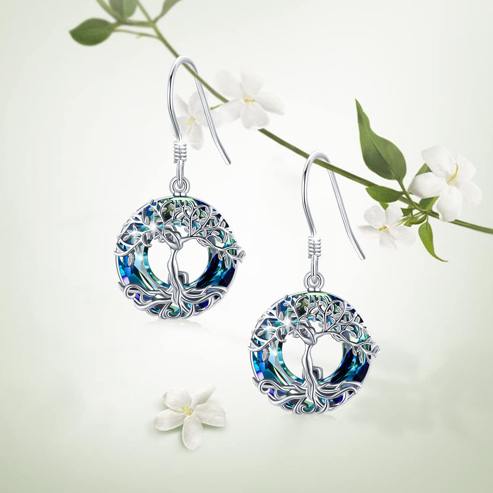 Baum des Lebens Ohrringe für Frauen Mädchen 925 Sterling Silber Stammbaum Blau Österreich Kristall Brisur Ohrringe Schmuck Geburtstag Abschlussfeier Geschenke für Mutter Ehefrau