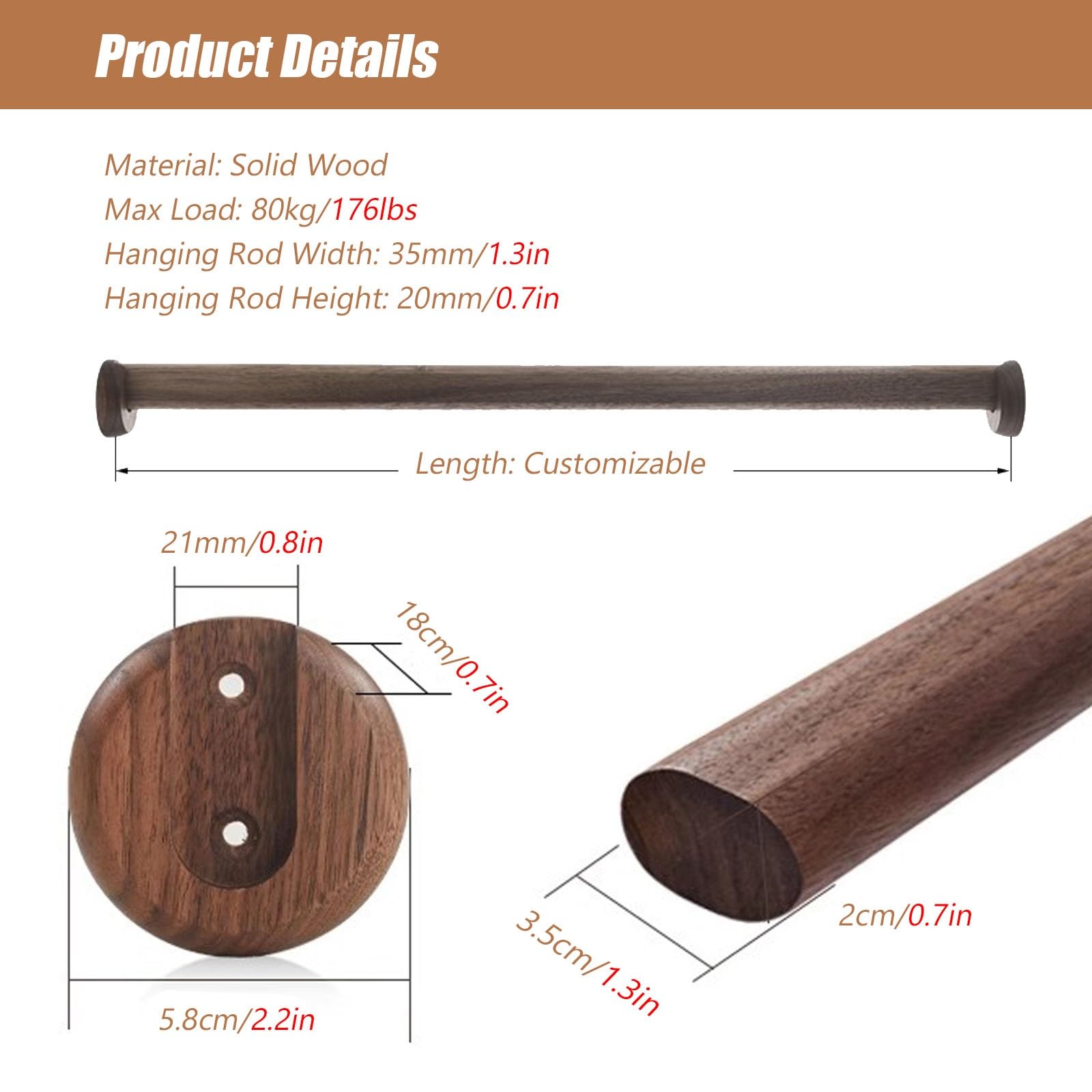 Closet Rods and Brackets for Hanging Clothes, Heavy Duty Wardrobe Rail Wooden for Wardrobe Cabinet Cupboard, Closet Pole with 2 Brackets for Cabinet/ Armoire ( Color : Dark wood color , Size : Length