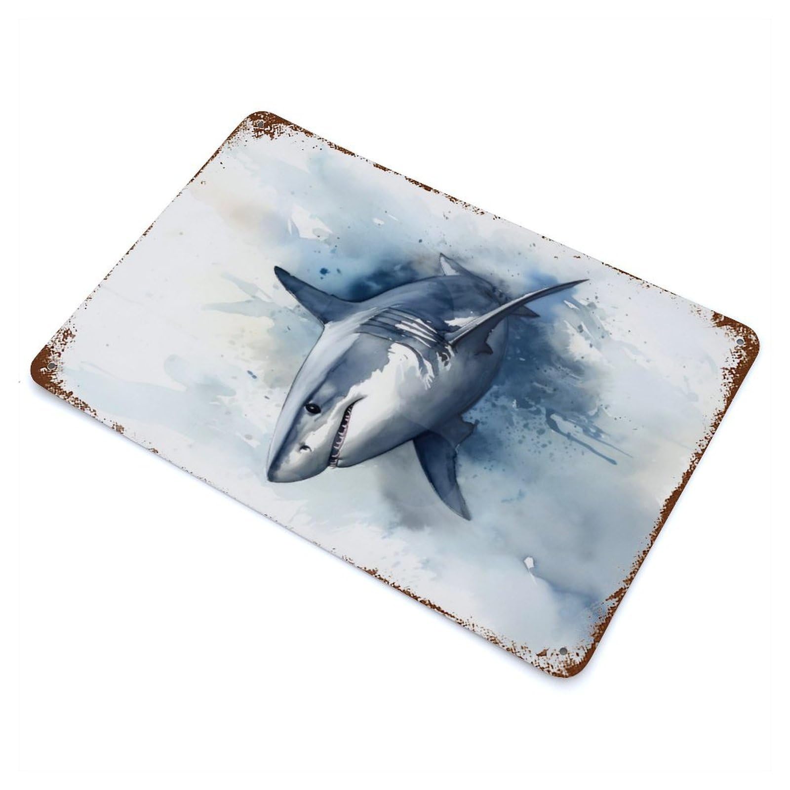 Great White Shark Watercolor Rusty Metal Tin Sign 11.8"x7.9", Ideal for Farmhouse, Kitchen And Entryway Decor