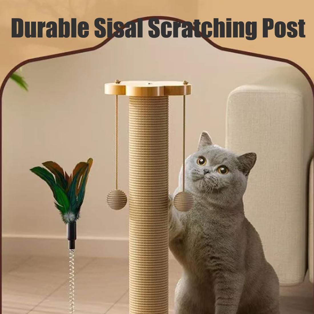 Rascador para Gatos de Sisal Natural, Juguete Interactivo 4 en 1 para Gatitos con Circuito de Bolas y Varita de Plumas, Árbol Rascador de Madera Estable para Pisos y Espacios (46CM,MDF Version)