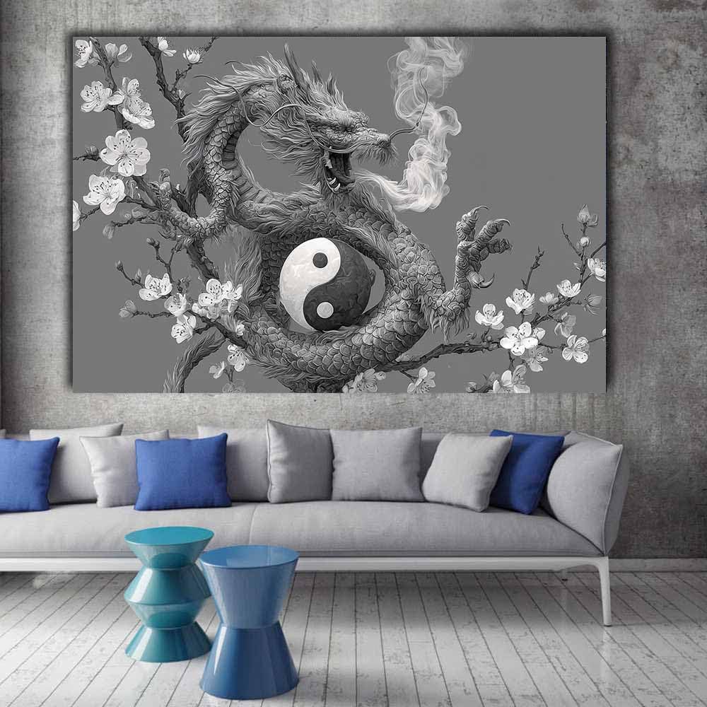 DMZPKZB Czarno-białe dekoracyjne plakaty Tai Chi Wall Art Prints Decor Canvas,nowoczesne obrazy do salonu, do sypialni salonu łazienki(czarno-biały-50x70cm oprawione