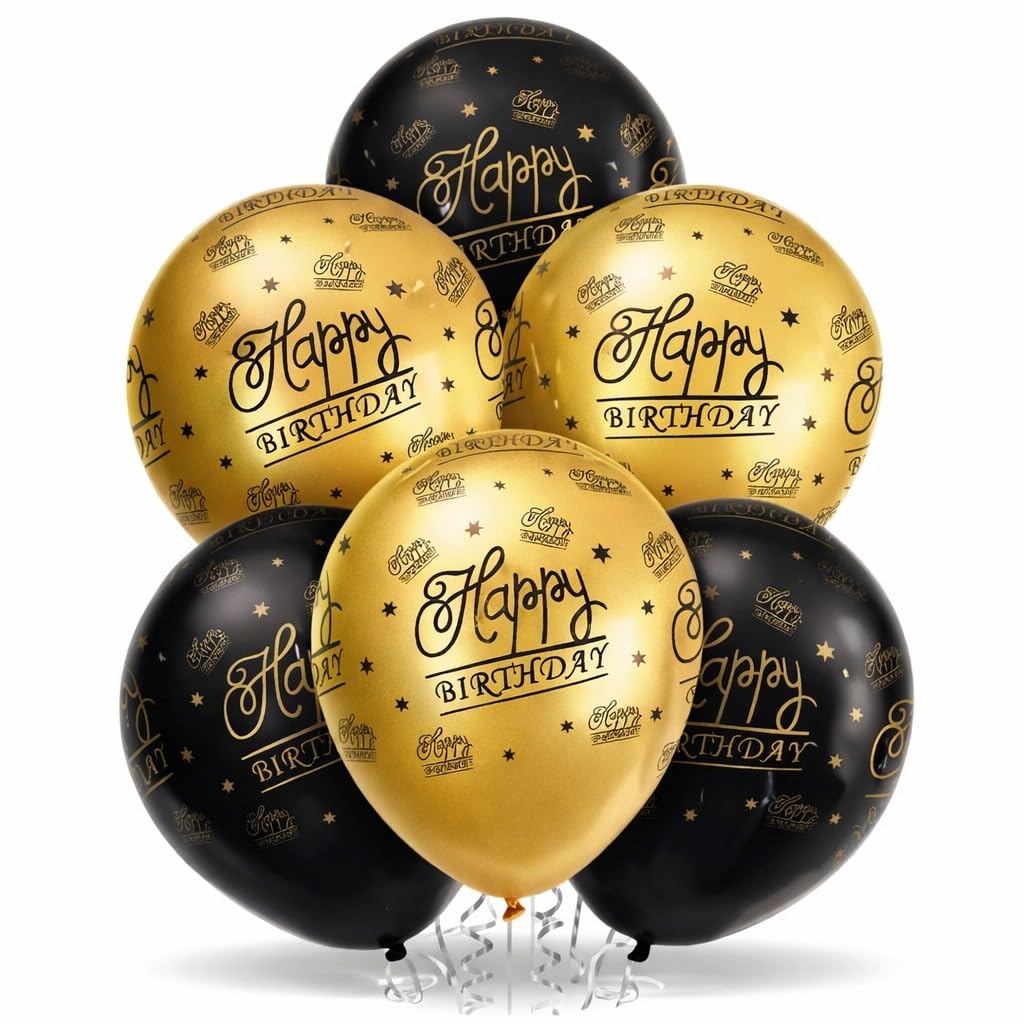 Wanna Party Happy Birthday Black & Gold Printed Latex Balloons Set Pack of 6 | 12 Inch Helium Quality Birthday Balloons for Party & Celebration Decoration