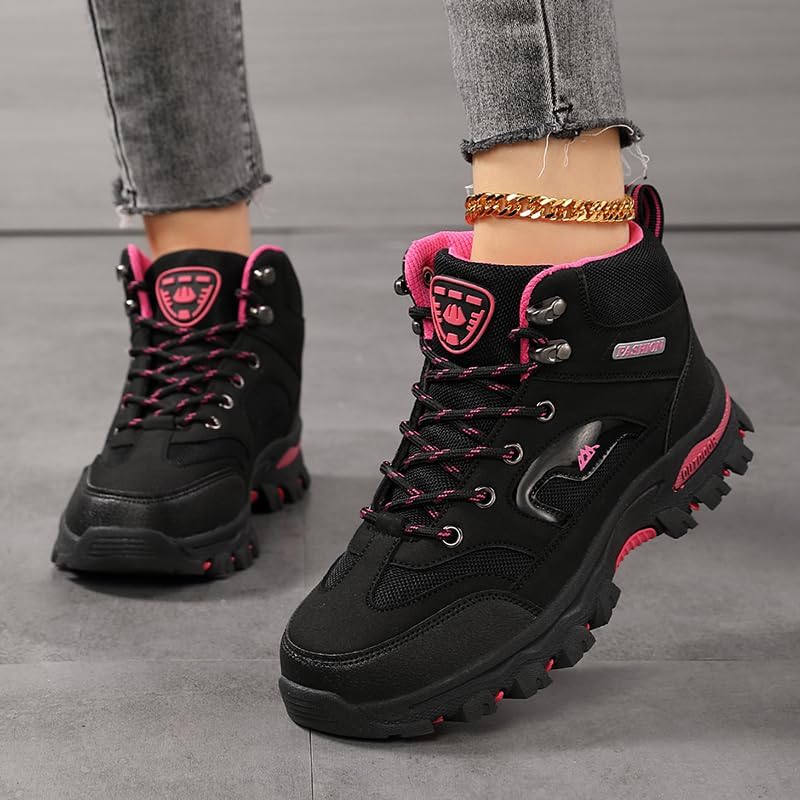 Women's Versatile All-Season Hiking Boots - Breathable, Non-Slip Traction Sole, Lace-Up Outdoor Sports Shoes in Black & Pink with Rubber Sole for Trekking & Mountaineering
