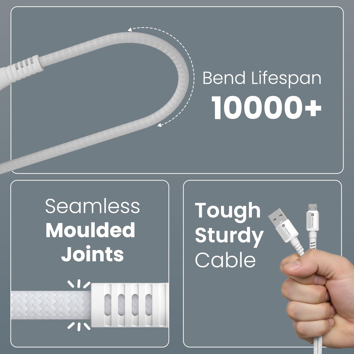 Portronics Konnect X USB-A to Micro USB Fast Charging Cable With Max 3A Output,Fast Charging & Data Transfer, Nylon Braided, Aluminium Alloy Shell, 1M Length compatible with Micro usb Devices(White) — Amazon image 4