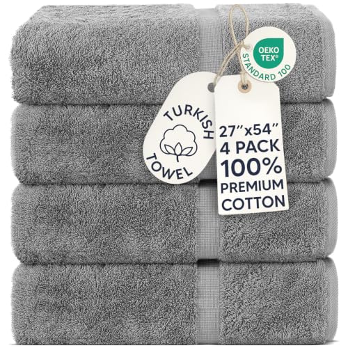 Chakir Turkish Linens 4 Piece Bath Towel Set, 100% Cotton Luxury Turkish Towels for Bathroom, Soft Absorbent Bath Towels, 27 x 54 Inches, Gray