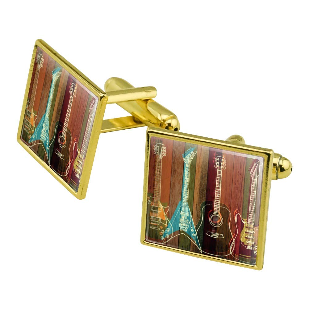 GRAPHICS & MORE Guitars Electric Acoustic Rock and Roll Wood Paneling Square Cufflink Set - Silver or Gold