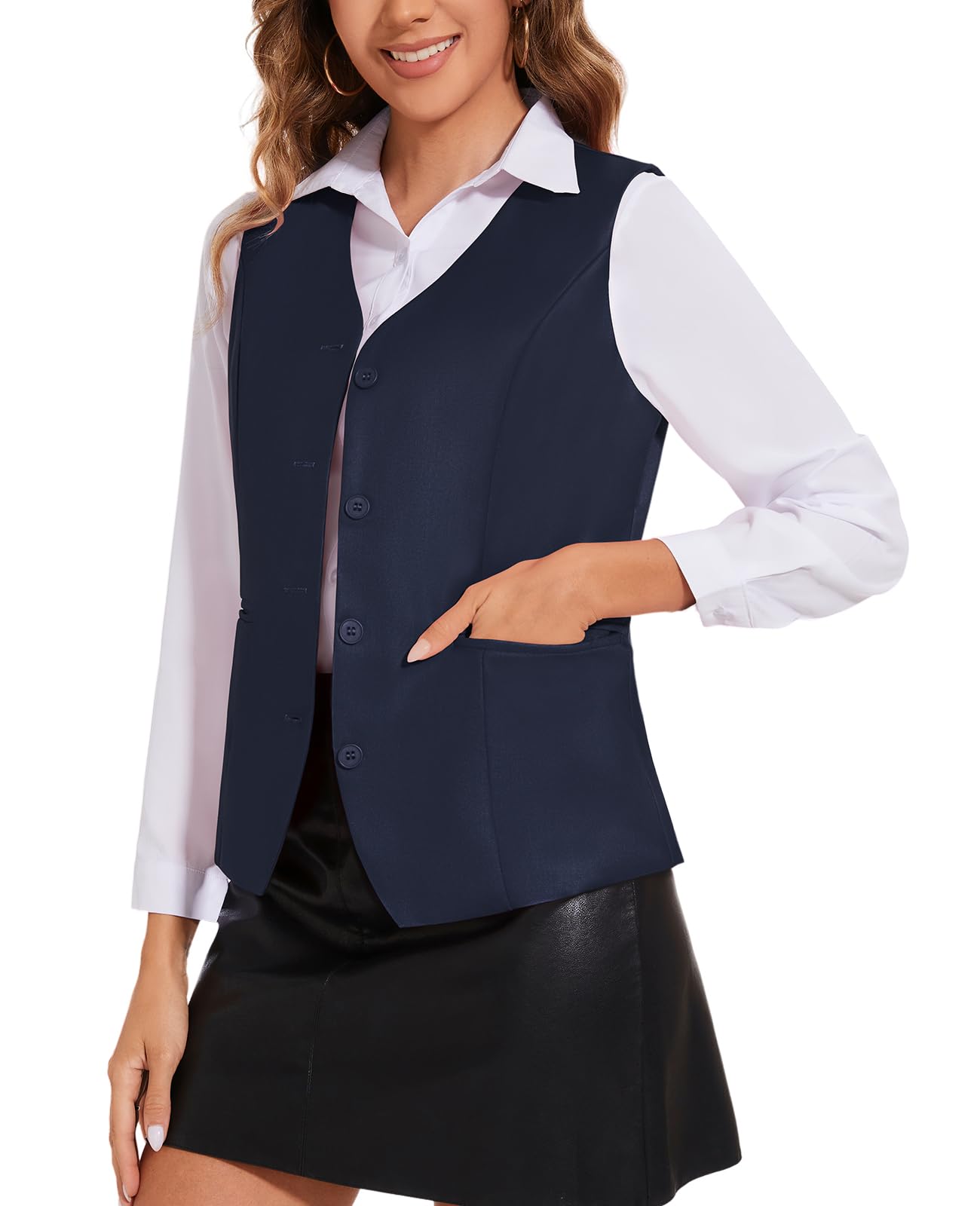 Chaleco para mujer, totalmente forrado, cuello en V, botones, formal, ajustado, elegante, con bolsillos