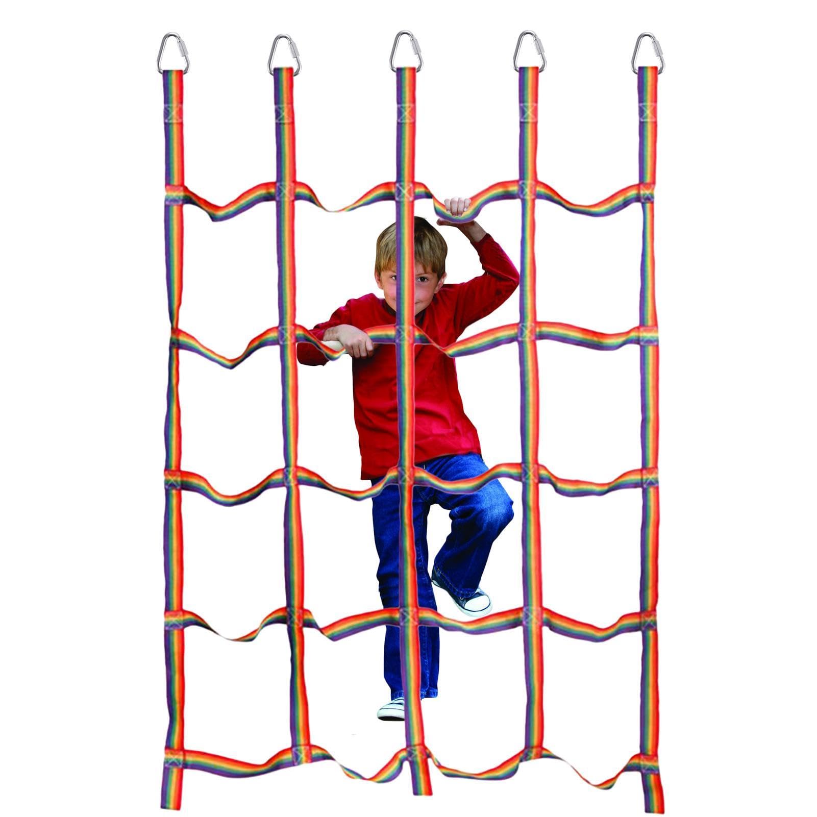Climbing Cargo Net Outdoor Rainbow Webbing Toys for Kids Cargo Rope Obstacle, 57X72.8Inch High Strength Webbing with Triangle Rings, Playground Tree House Accessories