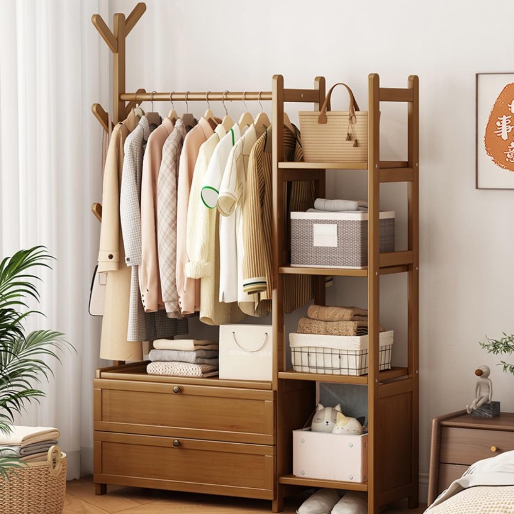 引き出し付きモダンな木製オープンワードローブ - 寝室用の自立式竹製洋服ラック、省スペースの小型オーガナイザー 衣類収納ソリューショ