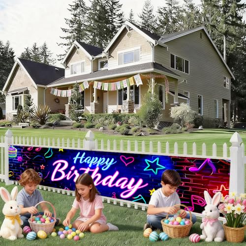 Image of Neon Happy Birthday Outdoor Banner 78.7 x 17.7 Inch Colorful Glow Letters with Music Notes Stars and Hearts Pattern Party Decoration for Yard Garden Fence Porch Patio or Outdoor Celebration Display