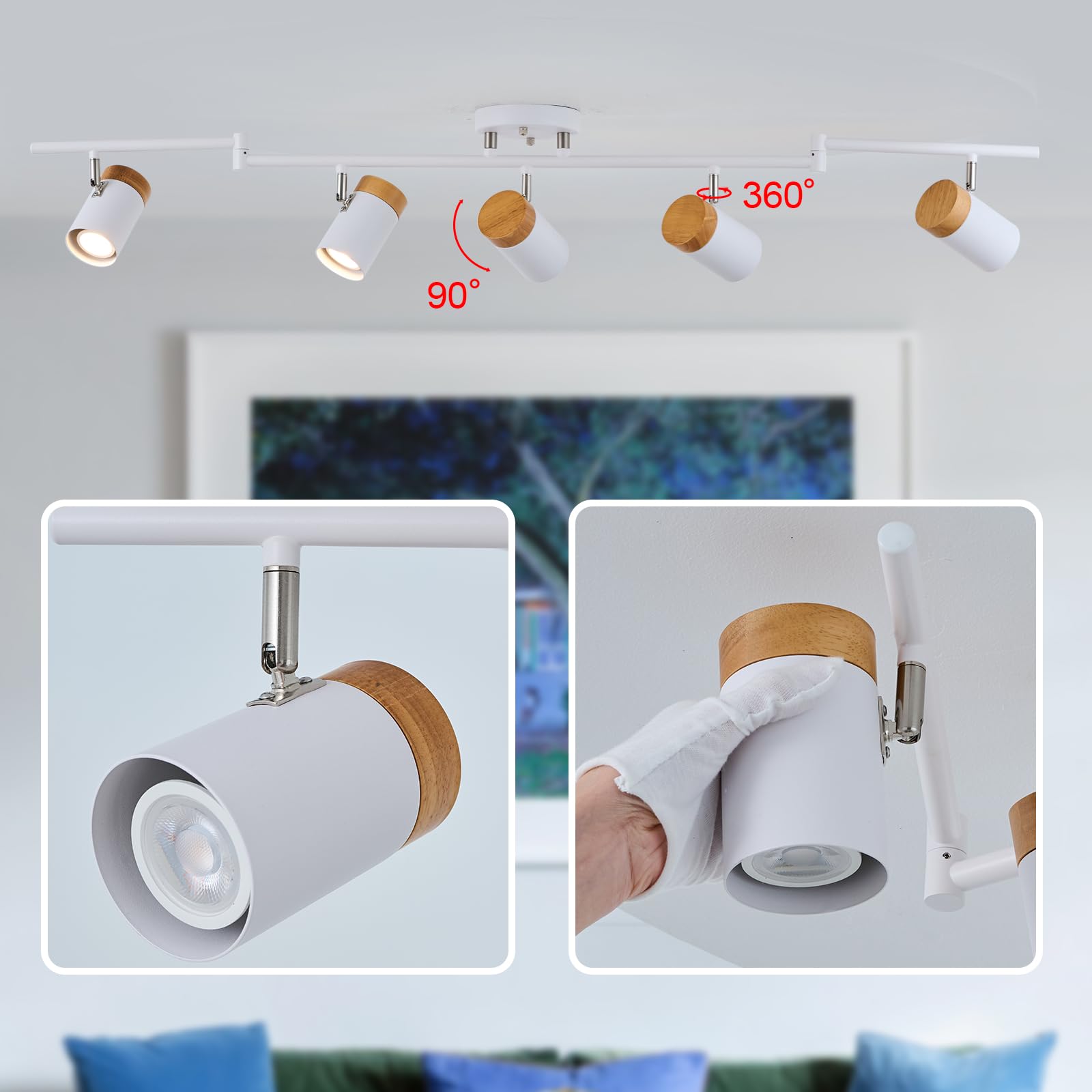 5-Light Track Lighting, Adjustable Track Heads and Beams,Natural Wood Ceiling Spotlights Fixture for Kitchen Artwork Dining Room (White)