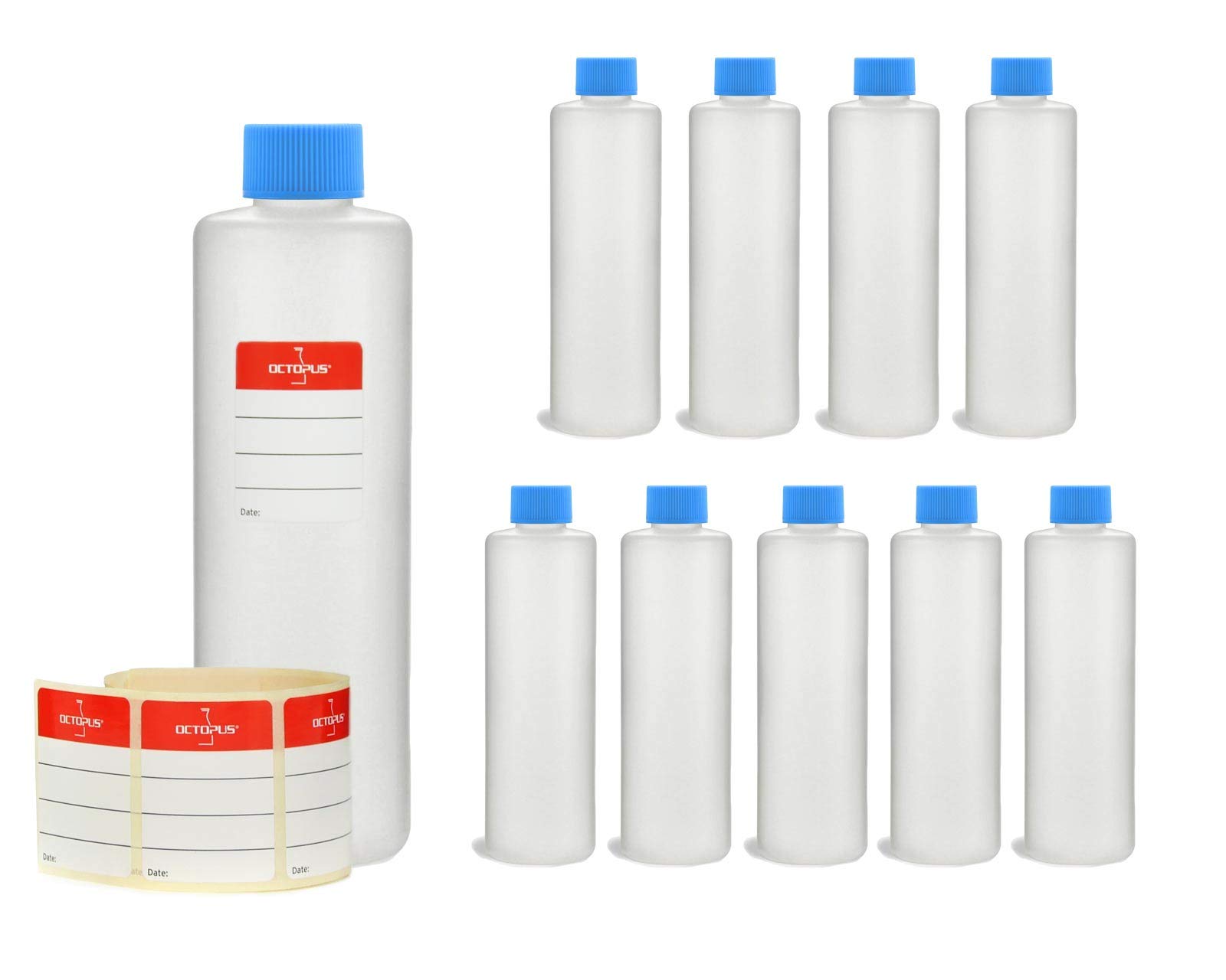 Octopus Blue 10 X 250 Ml Plastic Bottles, Hdpe Plastic Bottles With Screw Caps, Empty Bottles With Screw Caps, Round Bottles Incl. 10 Labels