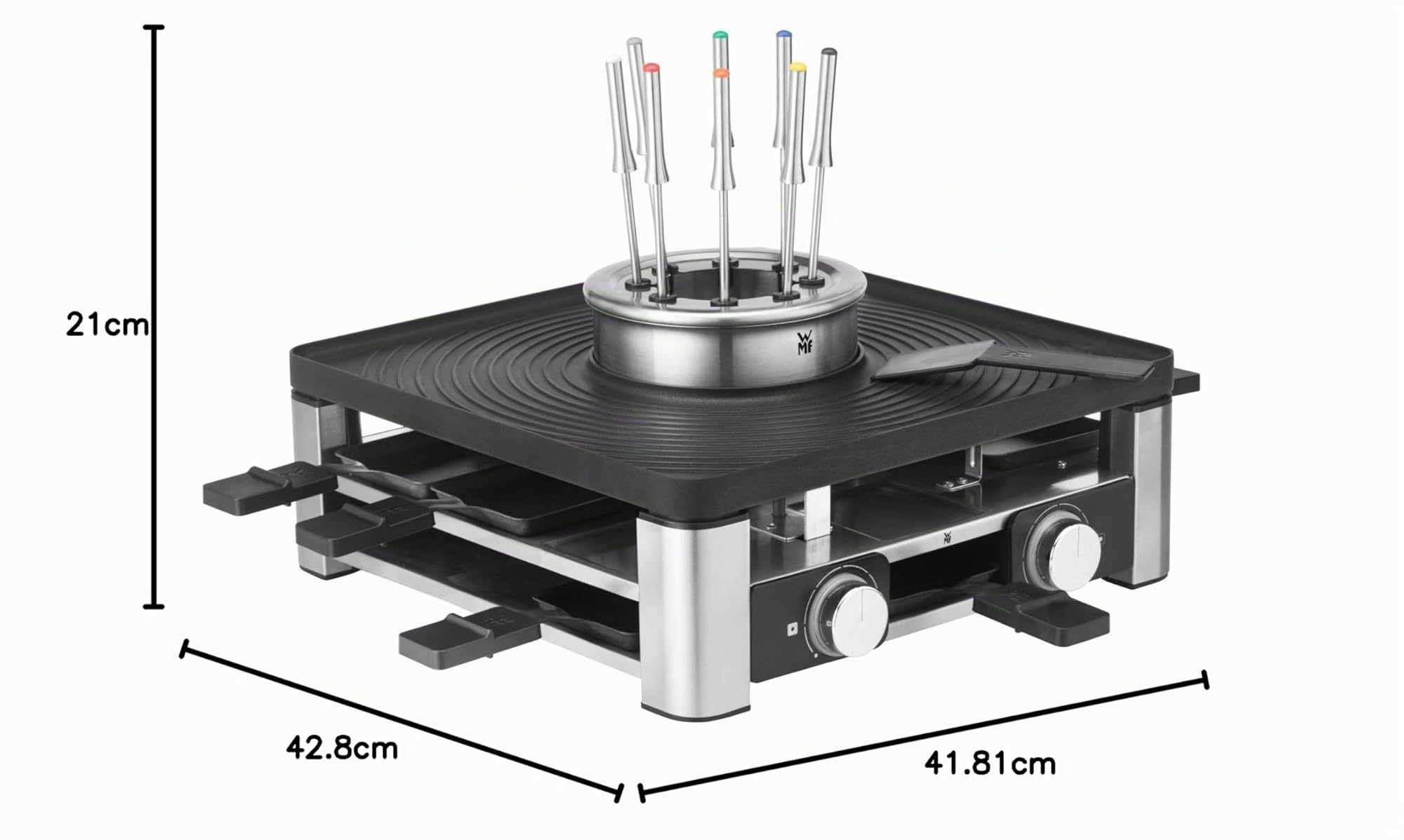 WMF Gourmet Station Lumero 3 in 1 in Acciaio Cromargan, Raclette, Fonduta e Griglia Elettrica Tutto in 1 per 8 Persone, con 8 Tegamini, 8 Spatole per Formaggio e 8 Forchette,Display LCD,Potenza 1800W