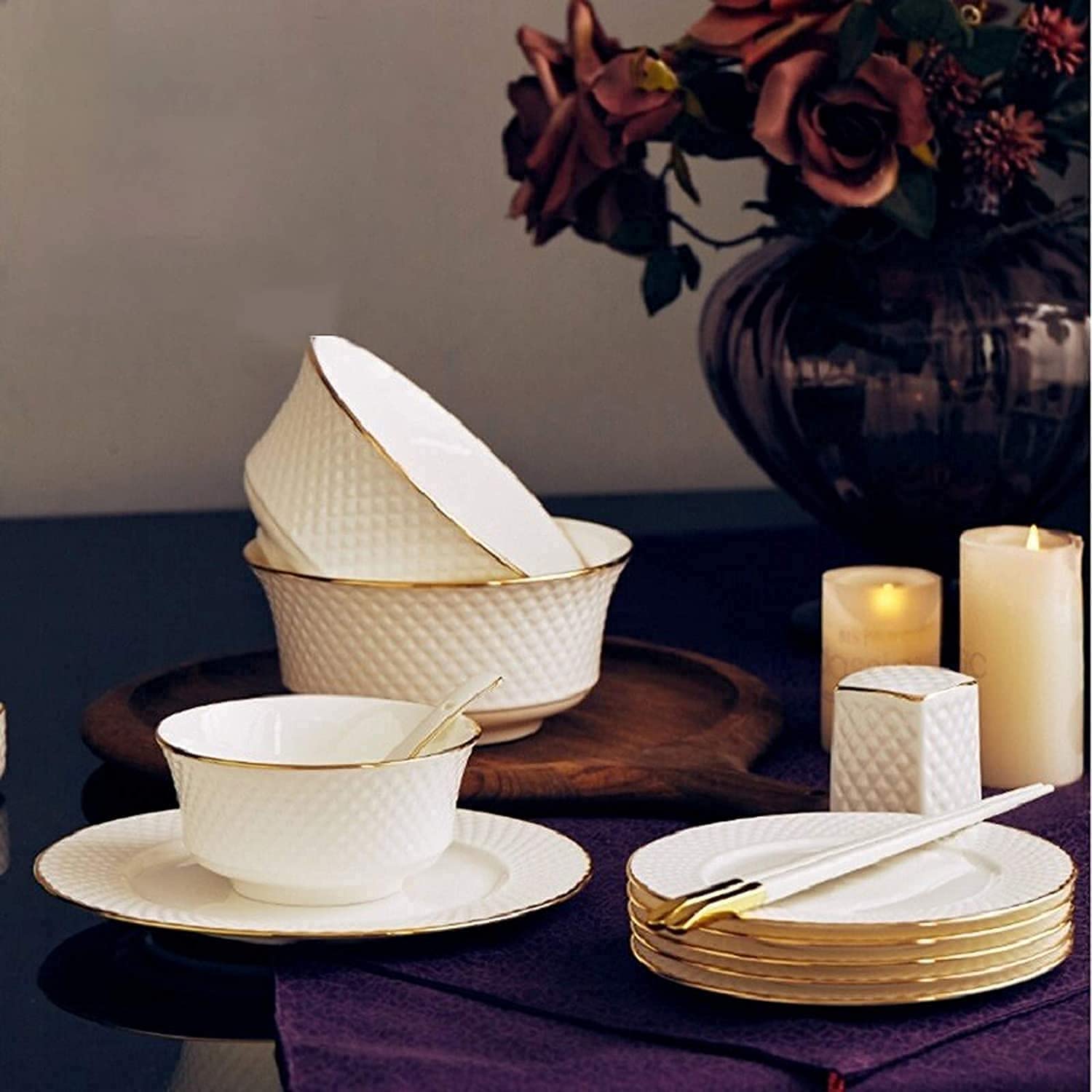58-elementowy zestaw sztućców z wytłaczanej porcelany kostnej | Porcelanowy talerz do steków i miska na płatki, idealne na przyjęcia świąteczne i jako prezent ślubny,