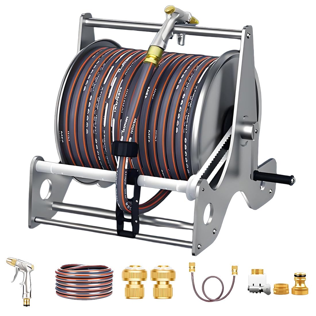 Qiancruxtacy A Portable Garden Hose Reel Cart With Wall Mount Bracket & Floor Stand, With Smooth Recoil Guide, Brass Connectors, High Pressure Water Gun For Outdoor Yard, Garage & Farm Irrigation -10M
