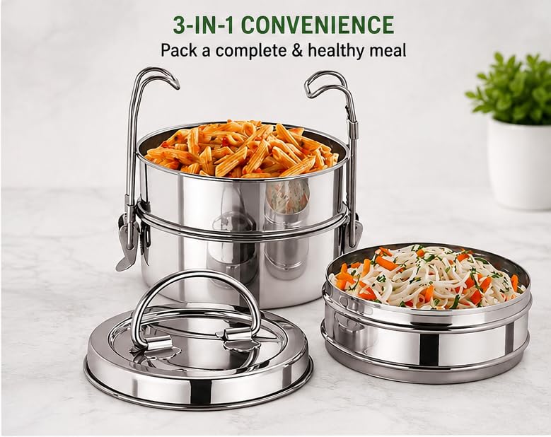 Image of BLeaf Stainless Steel Lunch Box /Tiffin Box for Office, School & Travel | 3 Layer Leak Resistant Food Grade Tiffin Carrier with Handle | Rust Proof & Dishwasher Safe | 650 ML Capacity