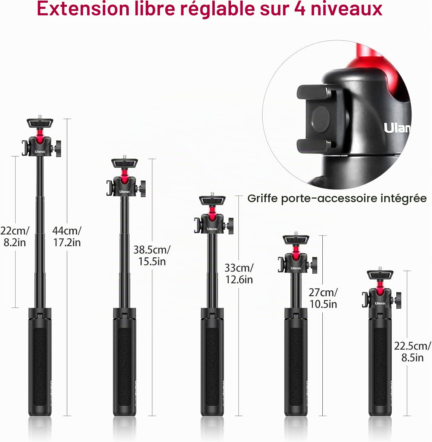 Mini trépied pour appareil photo, ULANZI MT-16 trépied pour vlogging avec tête sphérique 360°, 1/4 vis Cold Shoe Mount, mini trépied extensible de 22 cm à 44 cm, petit trépied pour appareil photo DSLR