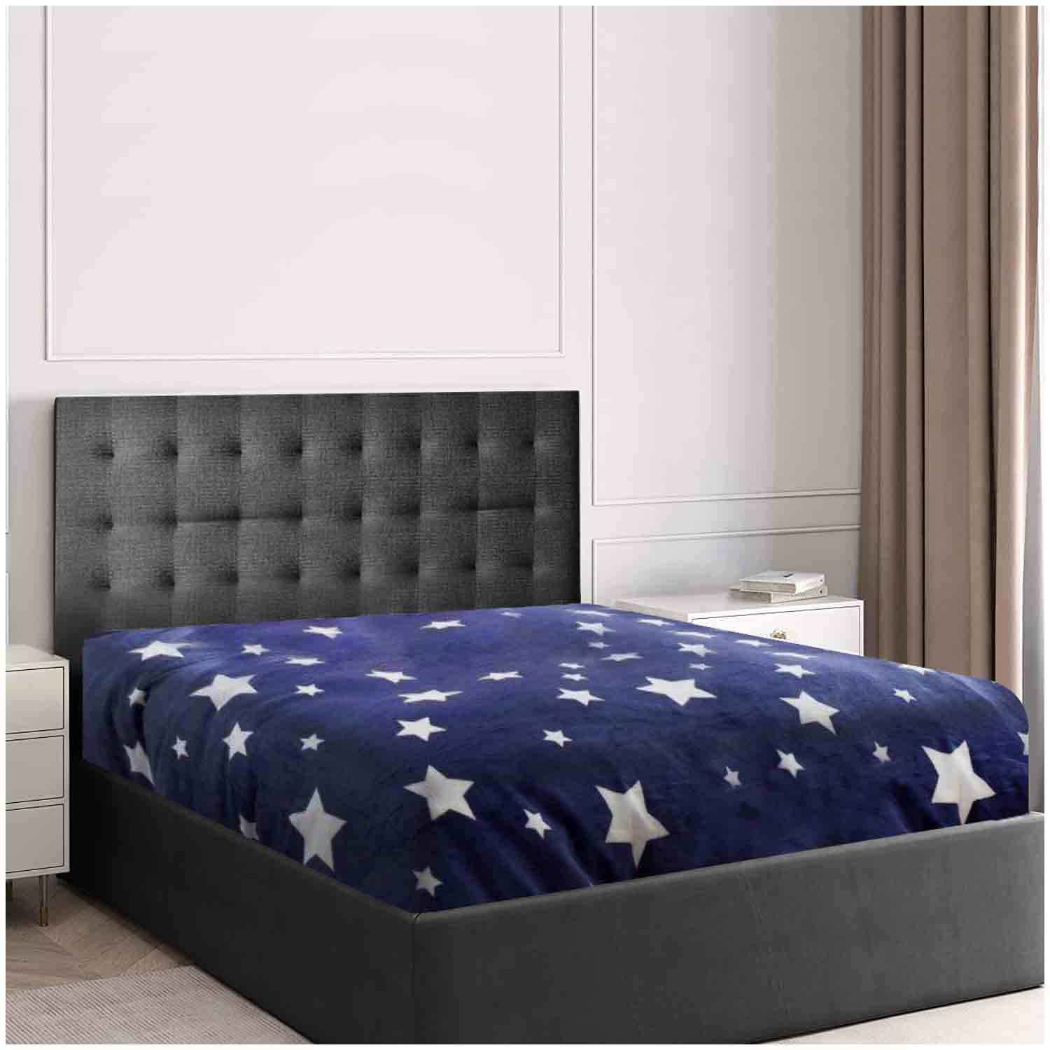 GC GAVENO CAVAILIA Premium Teddy Fleece Star Duvet Cover, Fluffy Fitted Sheet Soft Warm & Cosy Quilt Bedding Set, Linen, Navy, King