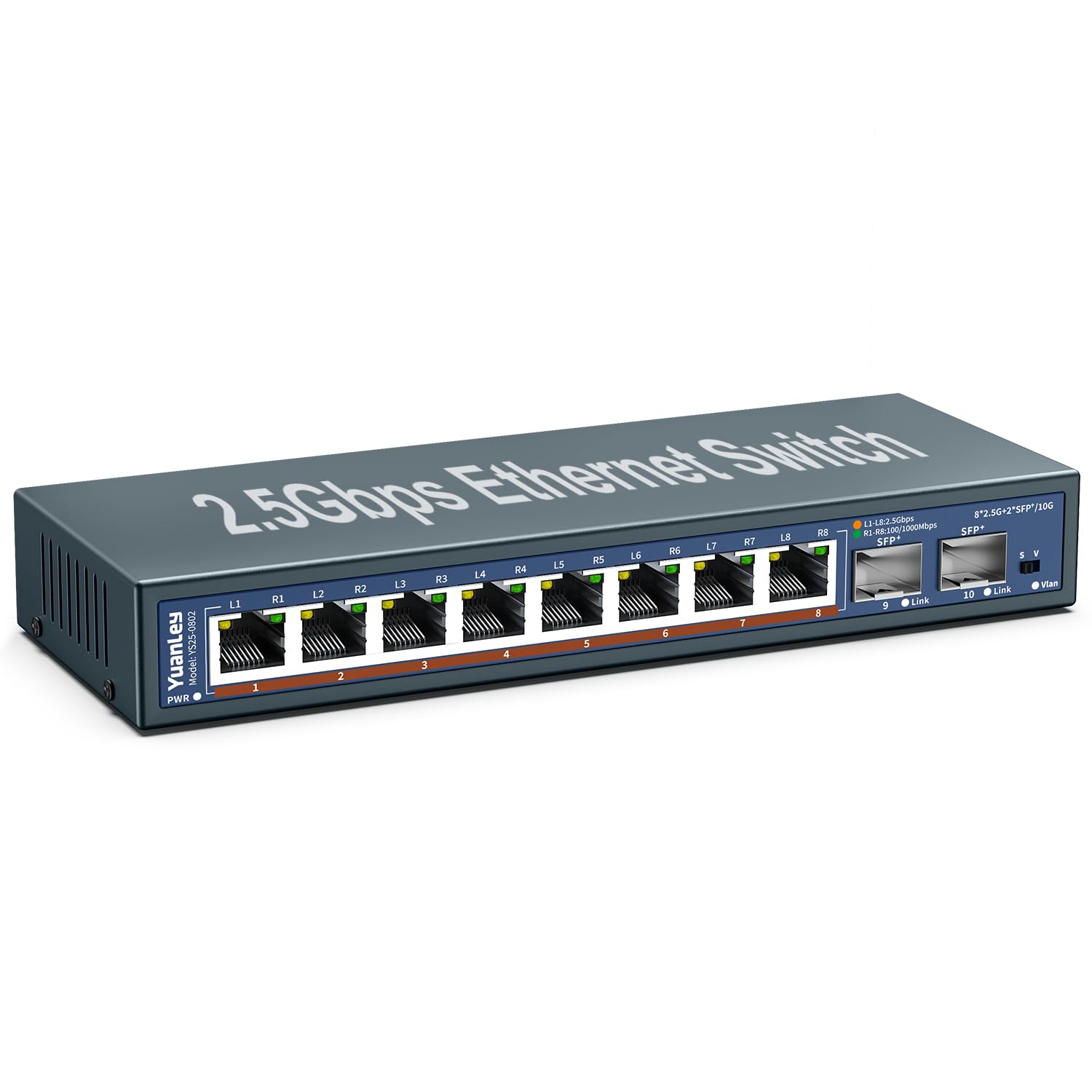 10-Port 2,5G Unmanaged Ethernet Switch, 8 x 2,5G Base-T Ports, 2 x 10G SFP, Kompatibel mit 100/1000/2500Mbps, VLAN, Desktop-/Wandmontage, YuanLey 2,5Gbe Netzwerk-Switch für Wireless AP, NAS, PC
