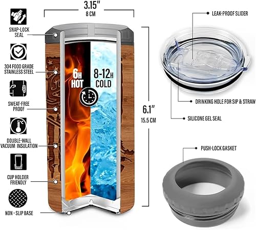 Miniatura 6 de SANDJEST Vaso de caza estilo madera con bandera americana 4 en 1, vaso termo de 12oz, enfriador de latas, funda protectora, vaso delgado de acero