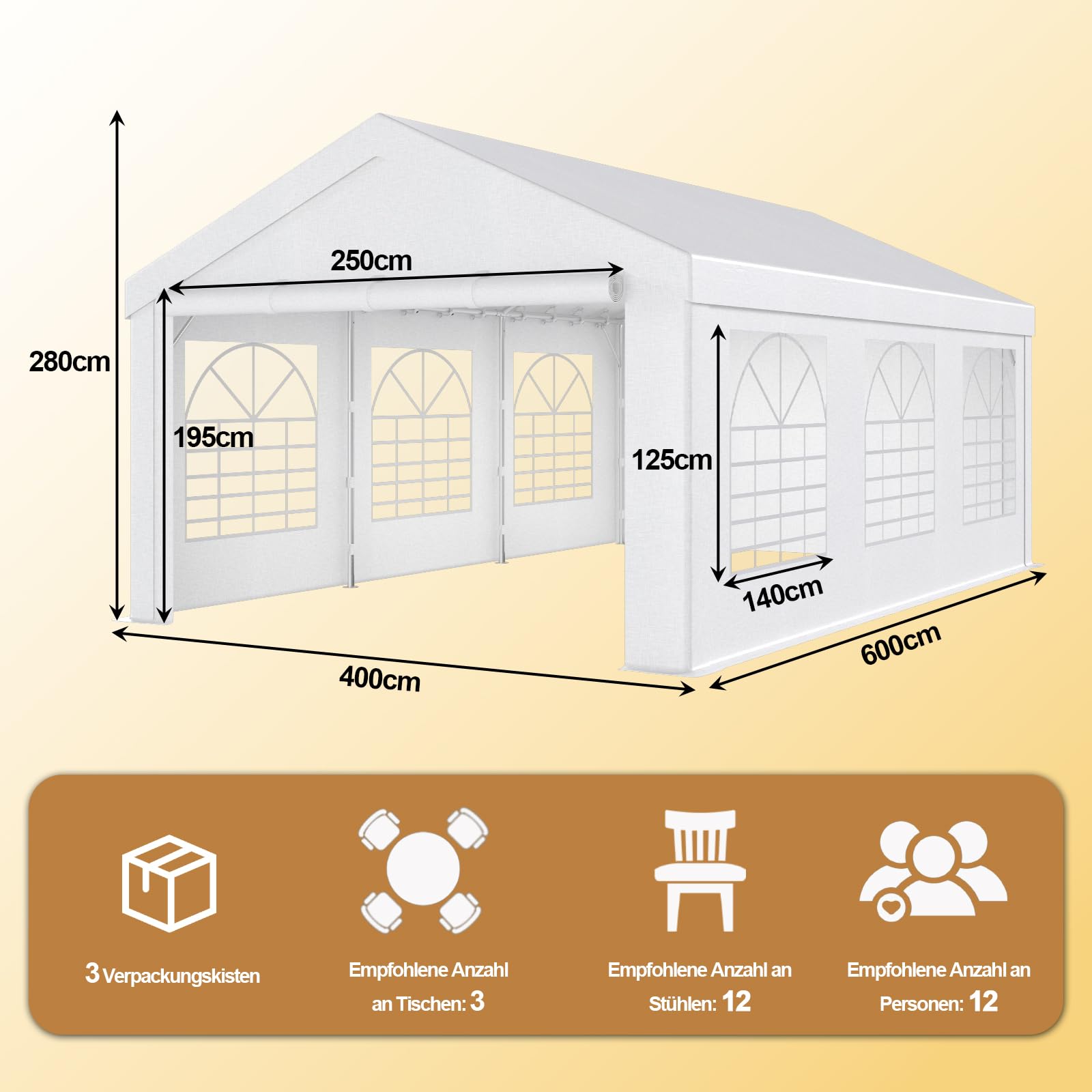 TRIUMPHKEY Partyzelt Pavillon 4x6 Wasserdicht Stabil, Gartenzelt UV Schutz 50+ 560g/m² PE-Plane, Festzelt Bierzelt Gartenpavillon für Garten, Party, Festival, Hochzeit, weiß