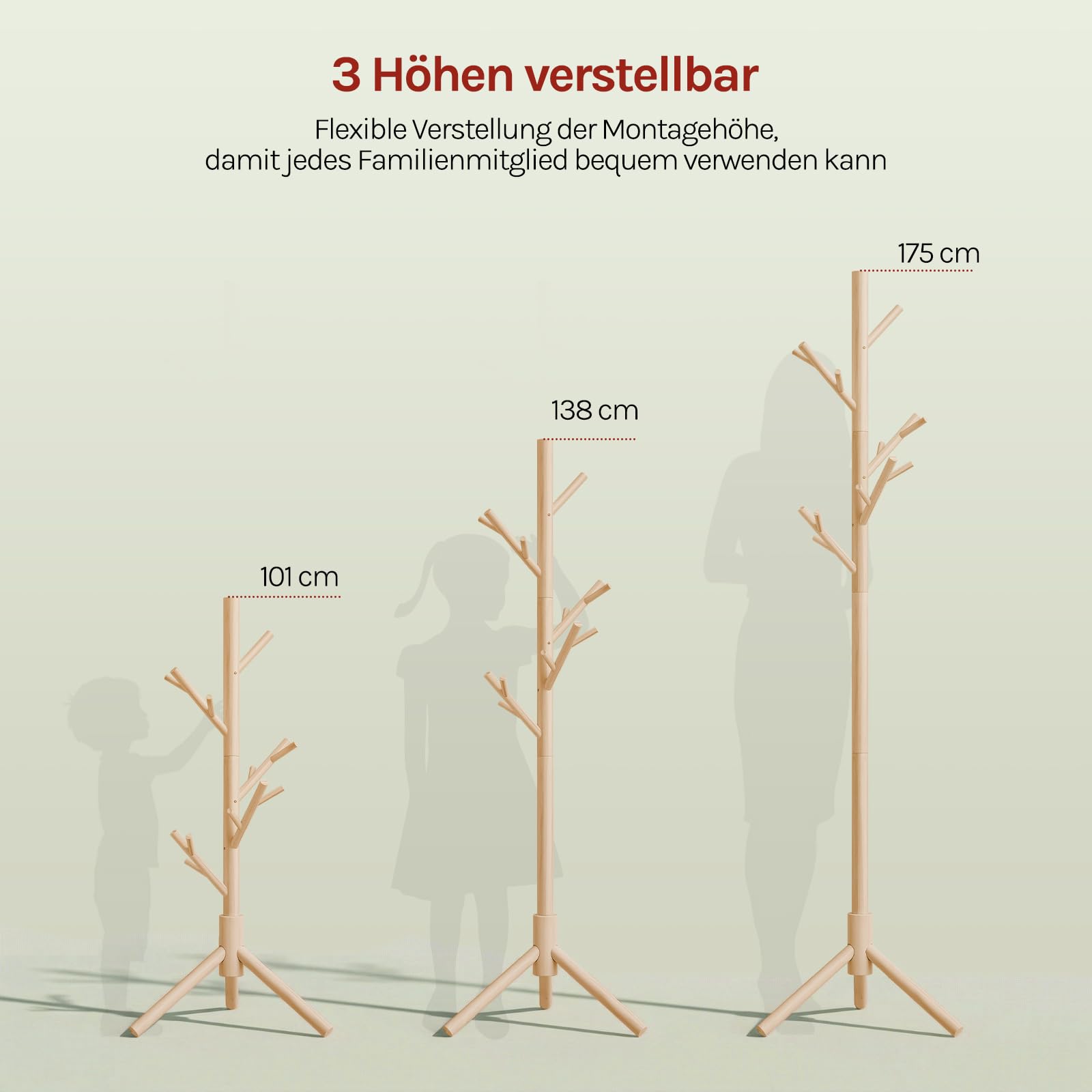 WOLTU Garderobenständer Baumform, mit 13 Haken, 3 verstellbare Höhen, freistehender Kleiderständer aus Holz, für Flur Schlafzimmer Wohnzimmer, 48x175x42 cm, Holzfarbe