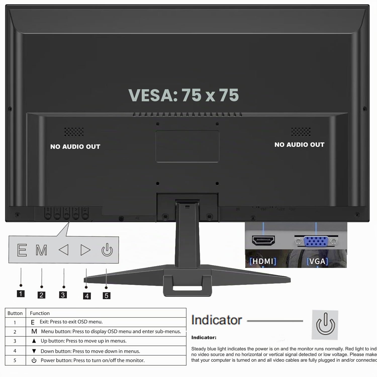 Monitor HD da 19" (1440 x 900), frequenza di aggiornamento 60Hz, HDMI x1, VGA x1, piccolo monitor sottile per laptop, computer e desktop, display LED, connessione
