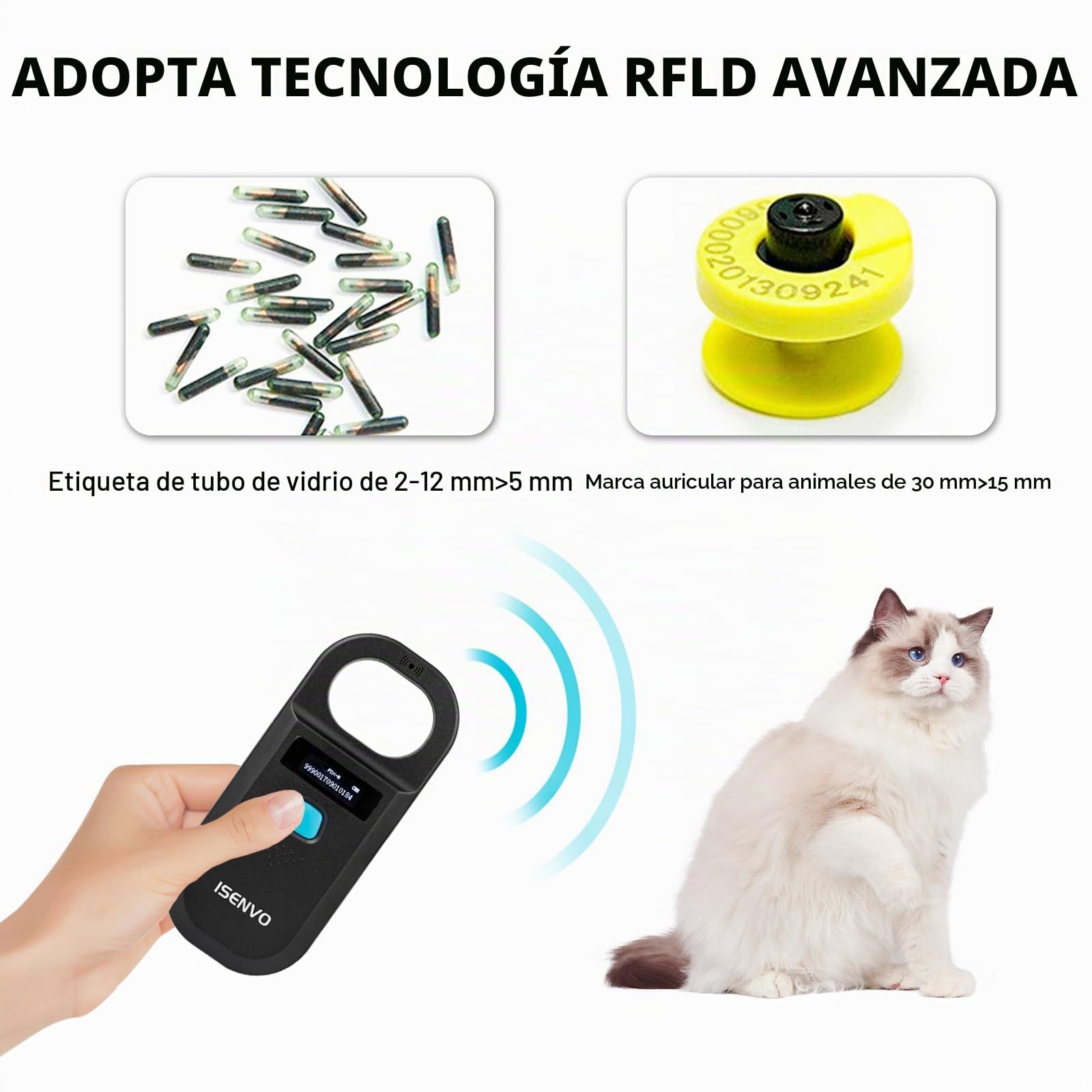 Lector Microchip Animales, Lector Chip Mascotas RFID EMID Recargable, Leer el ID del Chip de 15 bits, 134,2 kHz 125 kHz, para Animales, Cerdos, Perros y Gatos